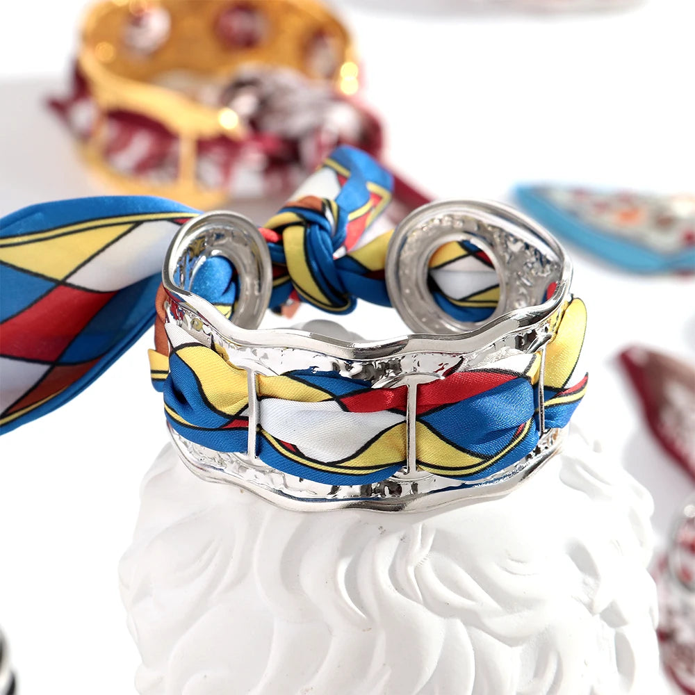 Elegant Silk Cuff Bracelet - Gold & Silver Retro Design