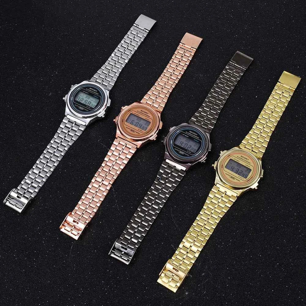 Retro Stainless Steel Ladies LED Digital Watch - Gold & Rose Gold