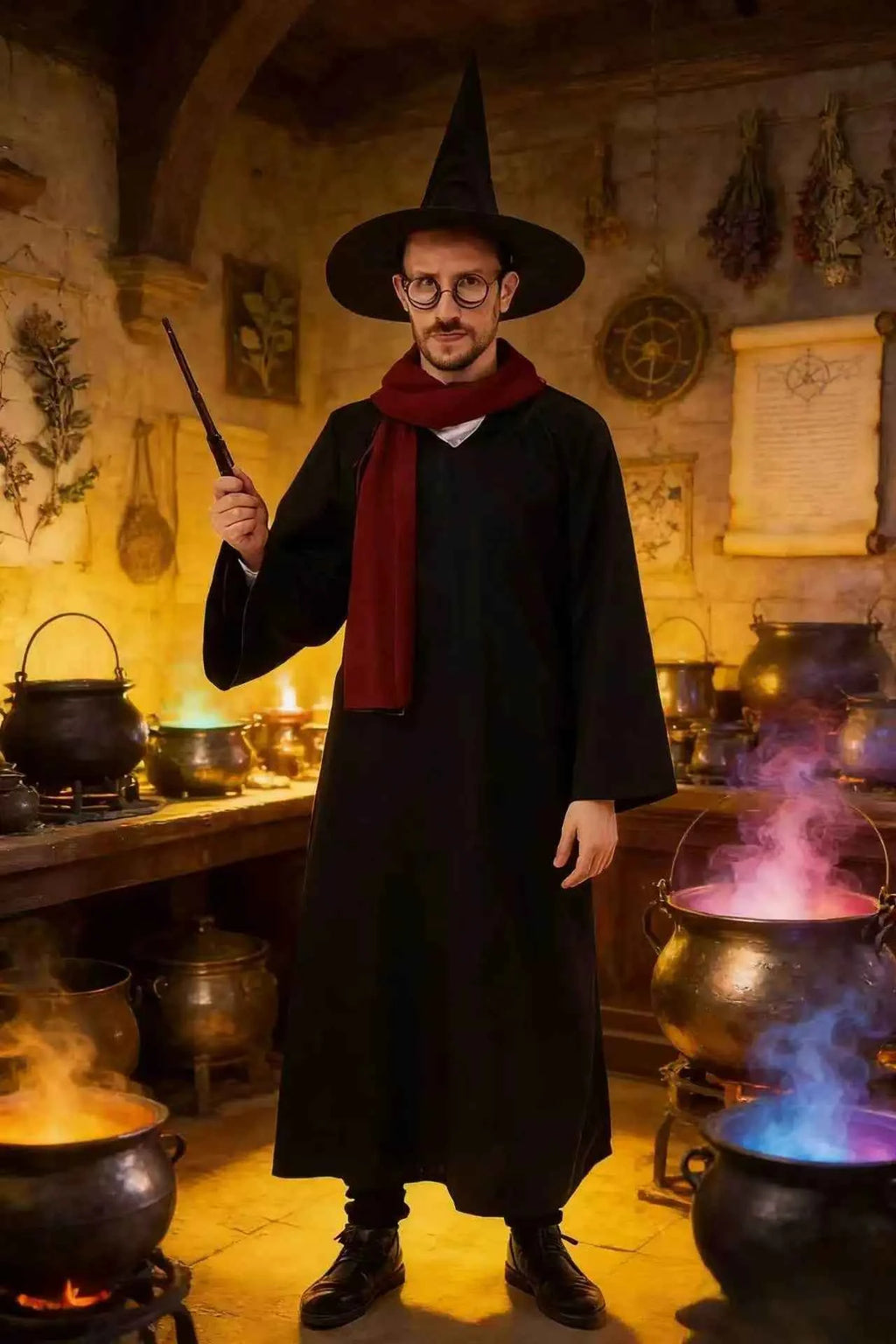 Wizard Costume Accessory Set - Black Witch Hat & Wand