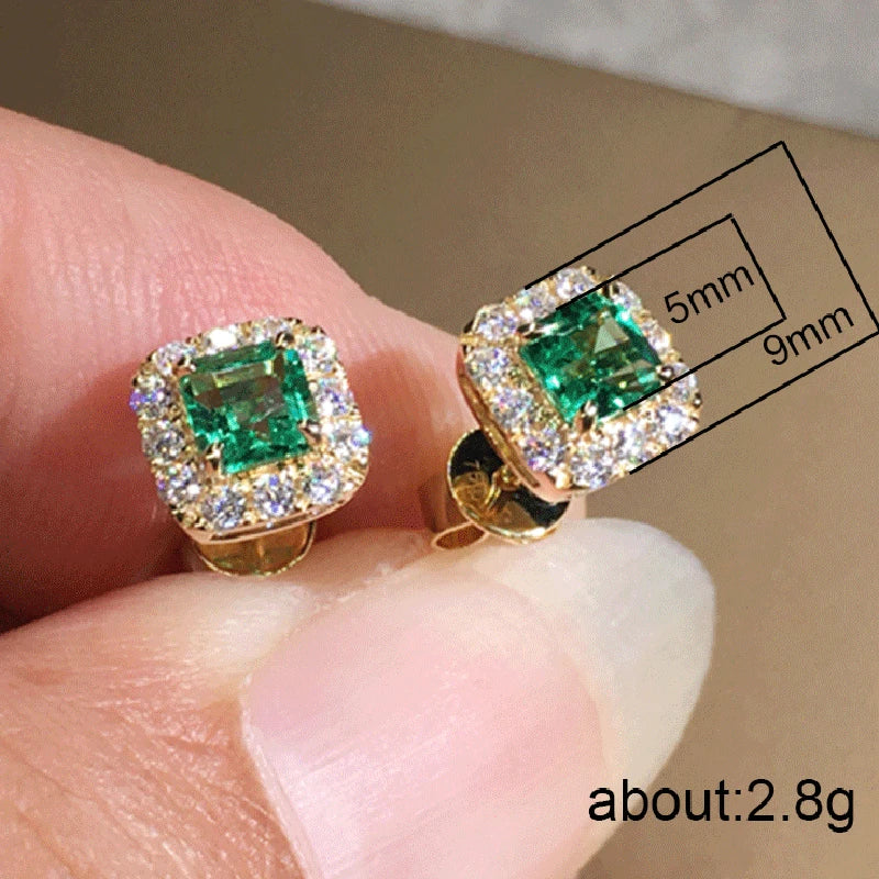 Luxury Green CZ Stud Earrings - Gold Elegant Bride Wedding Jewelry