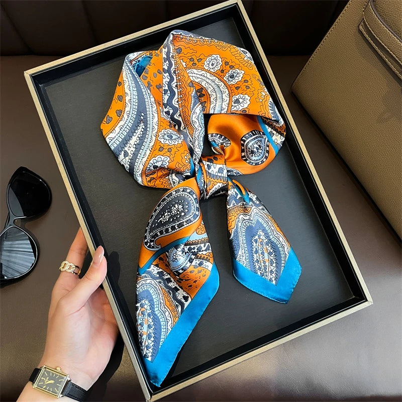 Elegant Bohemian Silk Square Scarf - Floral Satin Neck Scarf