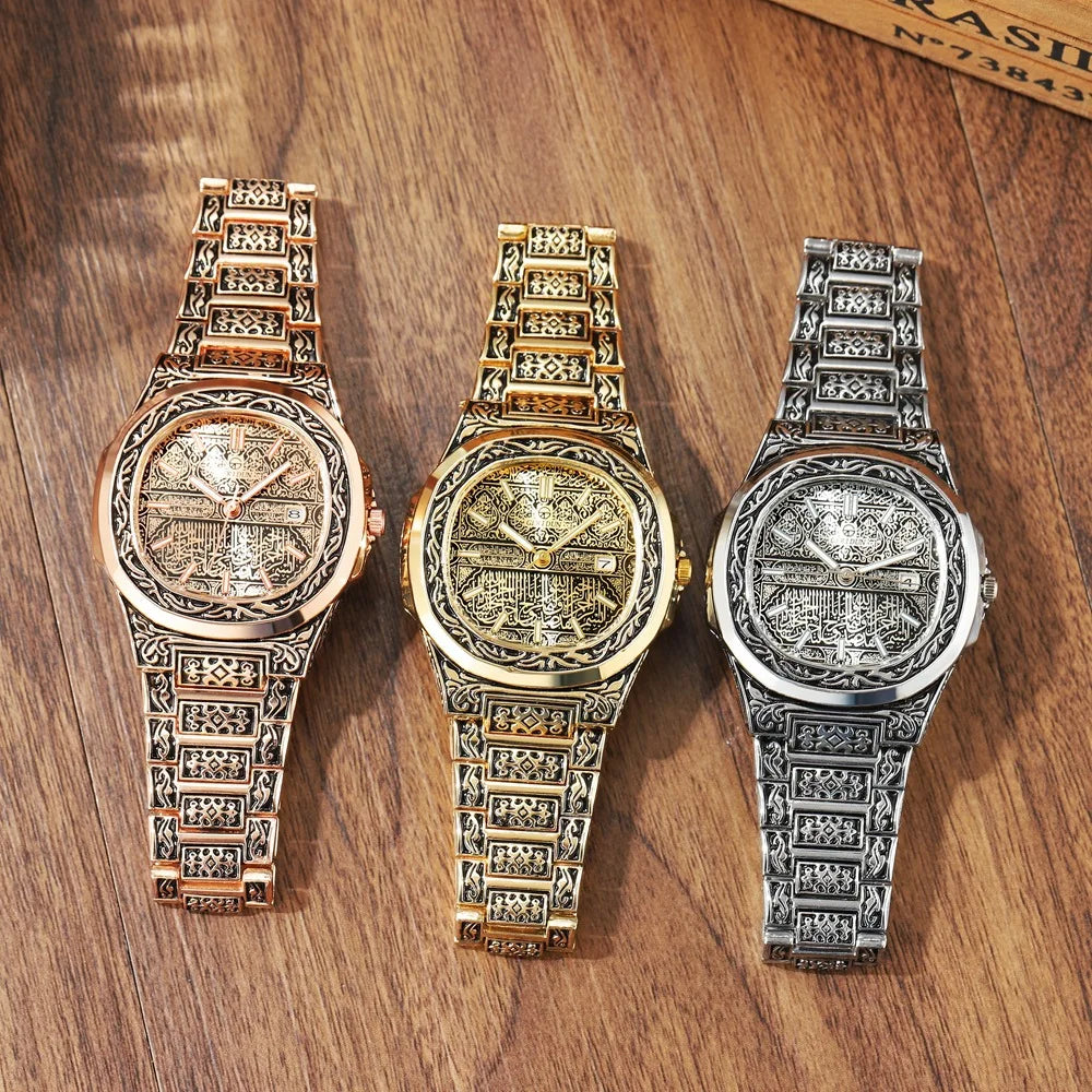 Elegant Men's Quartz Wristwatch - Embossed Stainless Steel