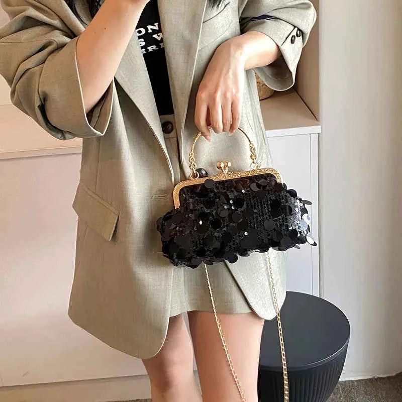 Elegant Sequins Evening Clutch Bag - Bling Chain Strap