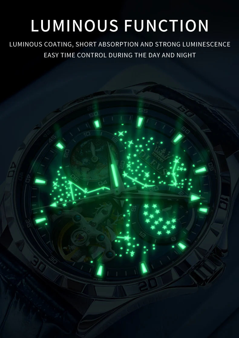 Luxury Men's Moon Phase Watch - Skeleton Chronograph