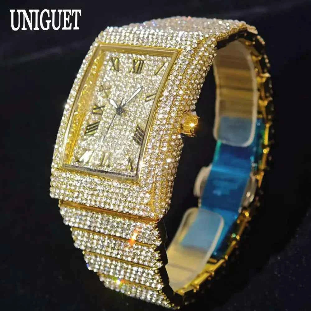 Luxury Iced Watch Men Brand UNIGUET Fashion Rectangle Watch Male Hip Hop Full Diamond Bling Jewelry Wristwatch Man Dropshipping