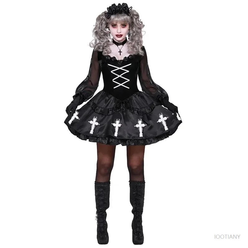 Premium Dark Nun Costume - Gothic Vampire Witch Role Play Dress