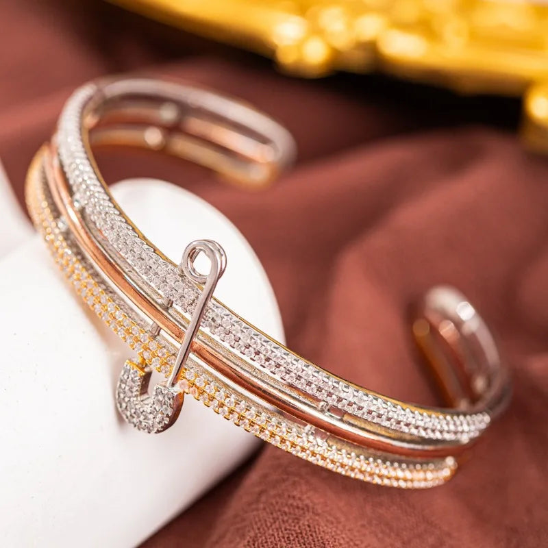 Elegant Copper Bangle Bracelet - Unique Safety Pin Design