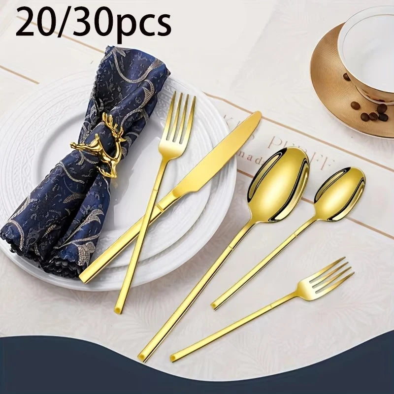 Luxury gold flatware set - elegant stainless steel tableware with gold finish