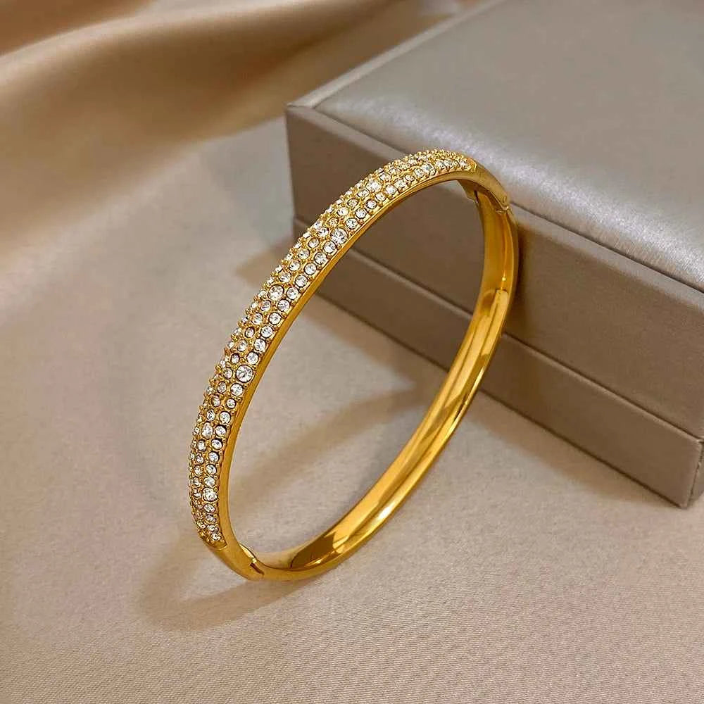 Luxury Zircon Cuff Bracelet - Waterproof Gold & Silver Stainless Steel