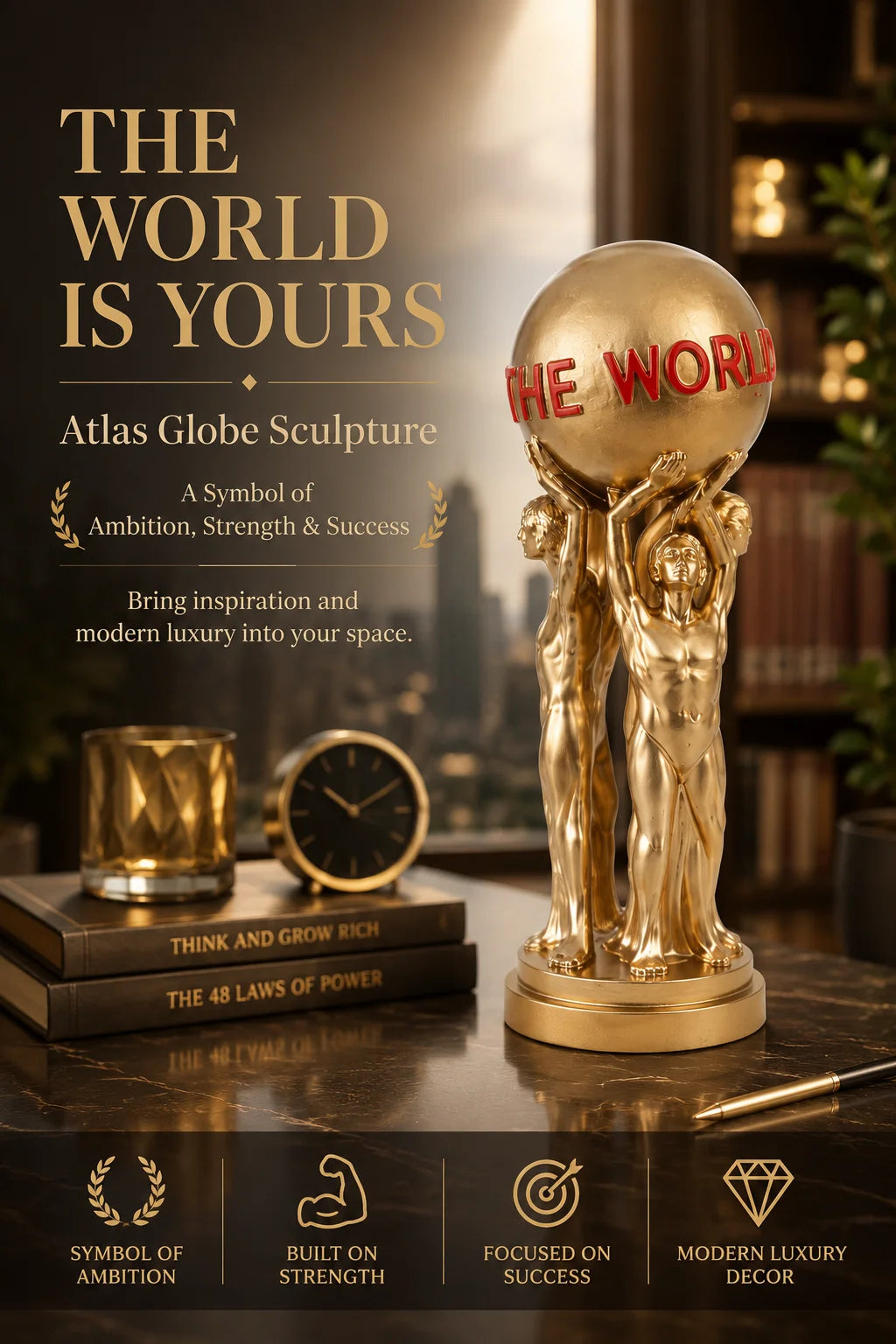 Elegant Gold Atlas Globe Sculpture - World Is Yours Figurine