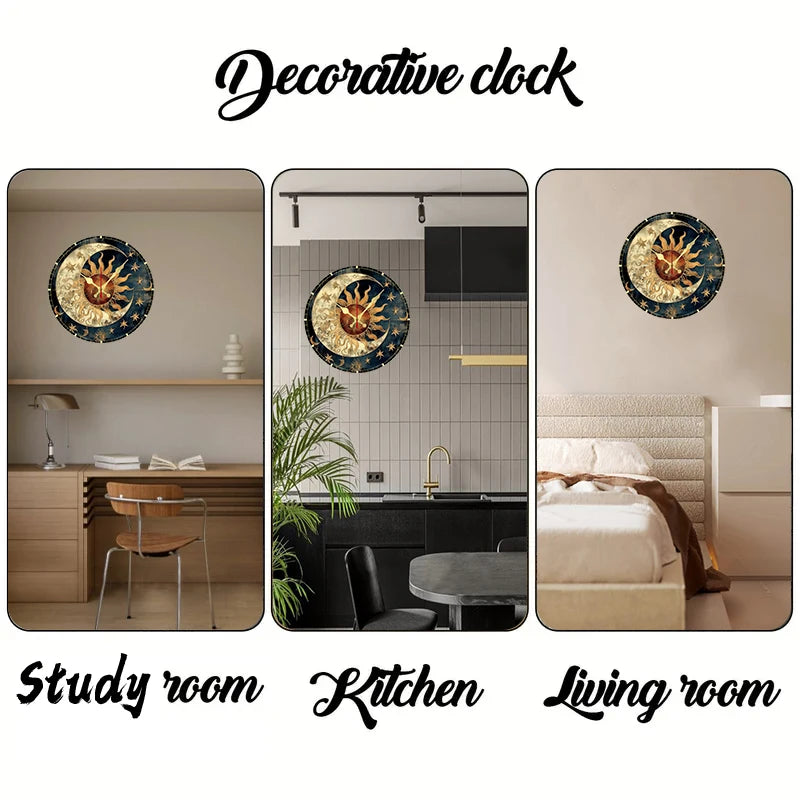 Premium Celestial Wooden Wall Clock - Silent & Round