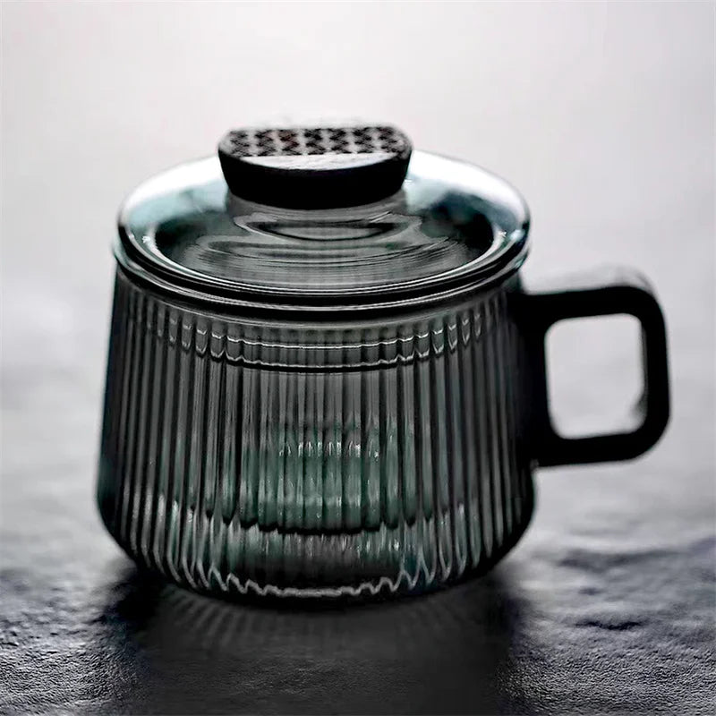 Premium Striped Glass Tea Mug - Wooden Handle & Separator