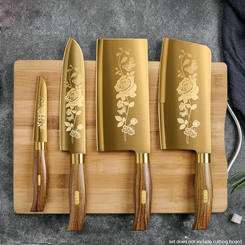 4-piece chef knife set - luxurious golden rose pattern stainless steel with imitation wooden handles