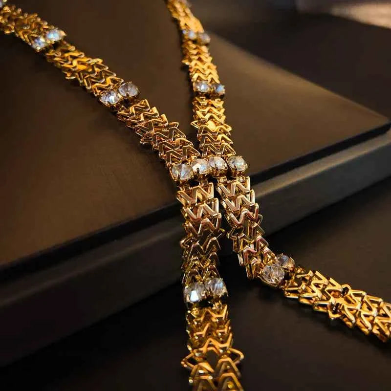 Luxury Golden Zircon Long Fringed Necklace - Italian Niche Design