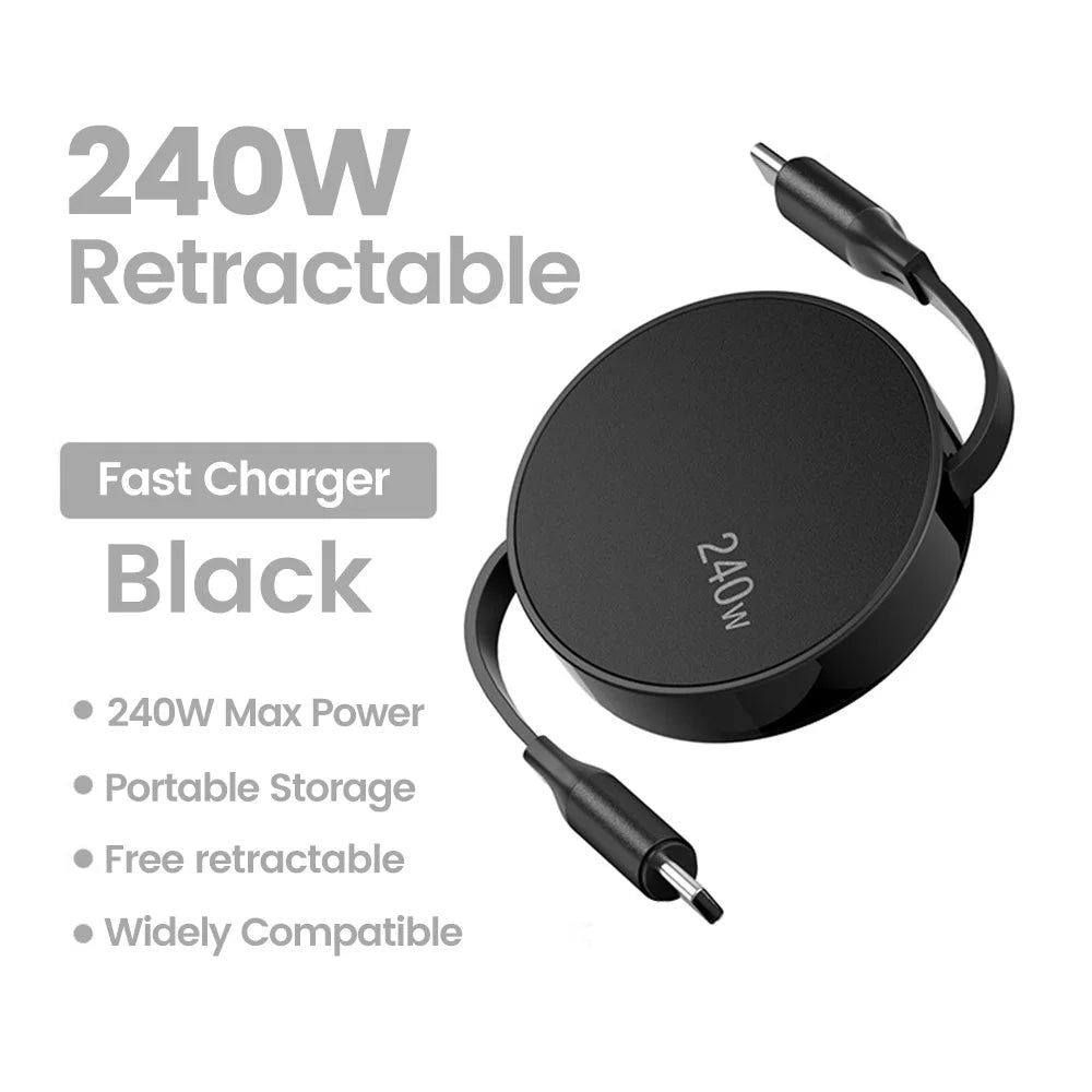 Retractable 240W USB C to USB C Fast Charging Cable - Premium PD Data Cord