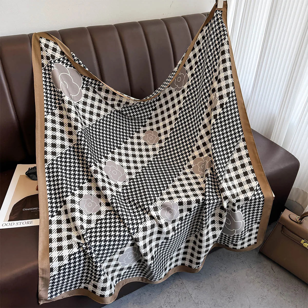 Luxury Square Silk Scarf - Elegant Tree Print Neck Shawl
