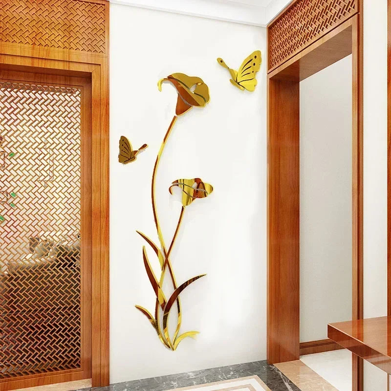 Elegant Butterfly Lily Wall Decals - Acrylic Mirror Art