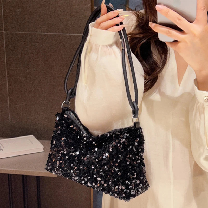Elegant Sequin Shoulder Bag - Black/Silver Party & Evening