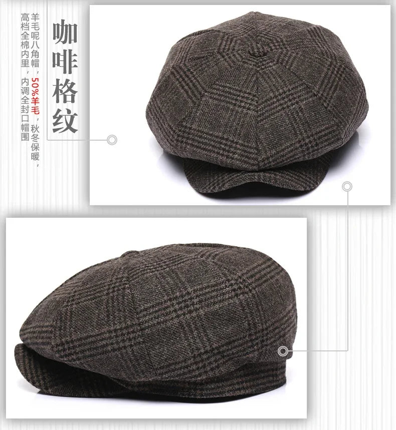 Premium Winter Wool Cap - Thickened Tweed Newsboy Style