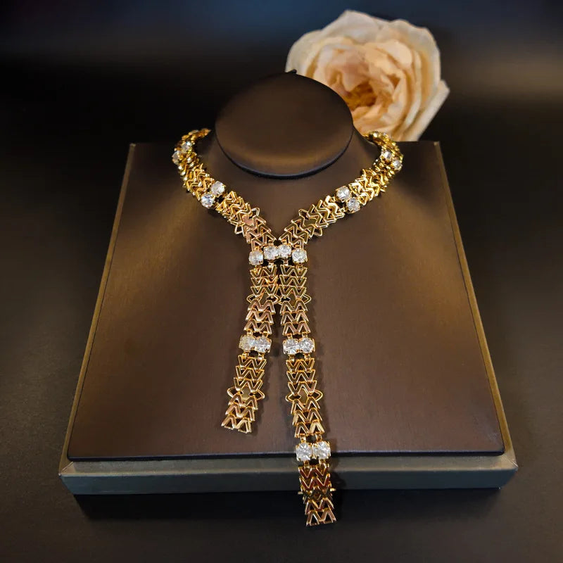 Luxury Golden Zircon Long Fringed Necklace - Italian Niche Design