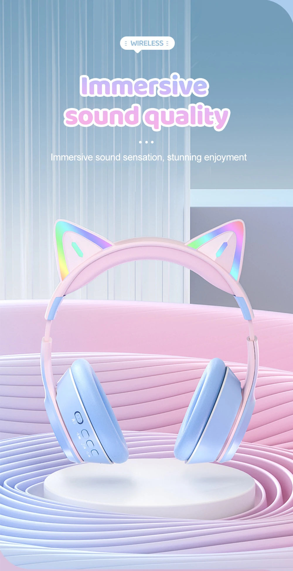 Premium RGB Cat Ear Headphones - Wireless Bluetooth 5.3 & Mic