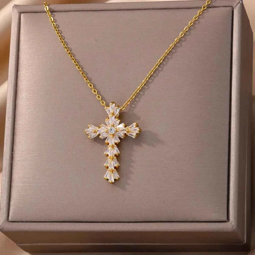 Luxury Zirconia Cross Pendant Necklace - Elegant Stainless Steel