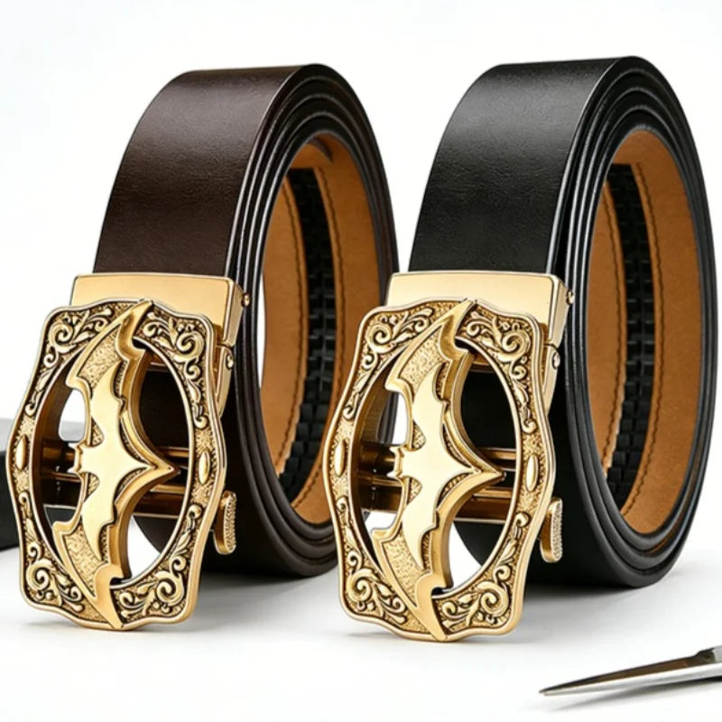 Retro automatic belt - genuine leather waistband with vintage bat buckle for casual jeans wear