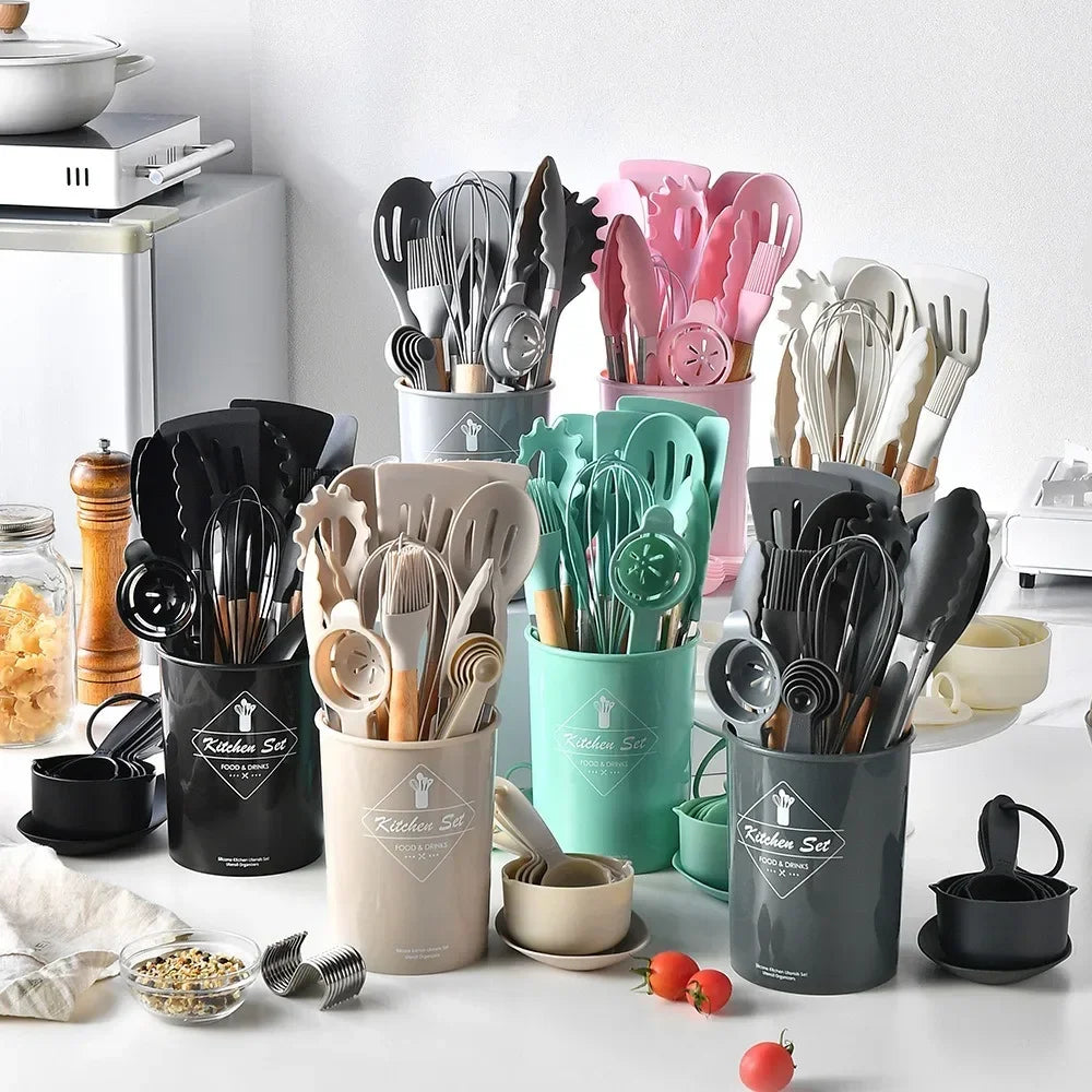 Silicone Utensil Set - 12-piece brown food-grade cooking kit with various tools