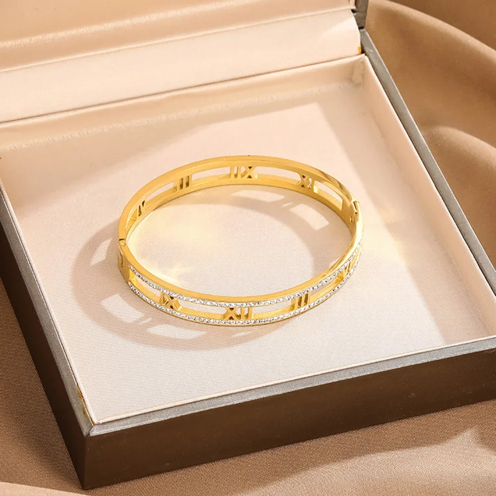 Luxury Crystal Roman Numeral Bracelet - Unisex Stainless Steel