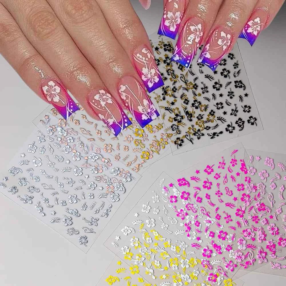 Luxury Bronzing Hibiscus Nail Stickers - Gold & Silver Floral Decals