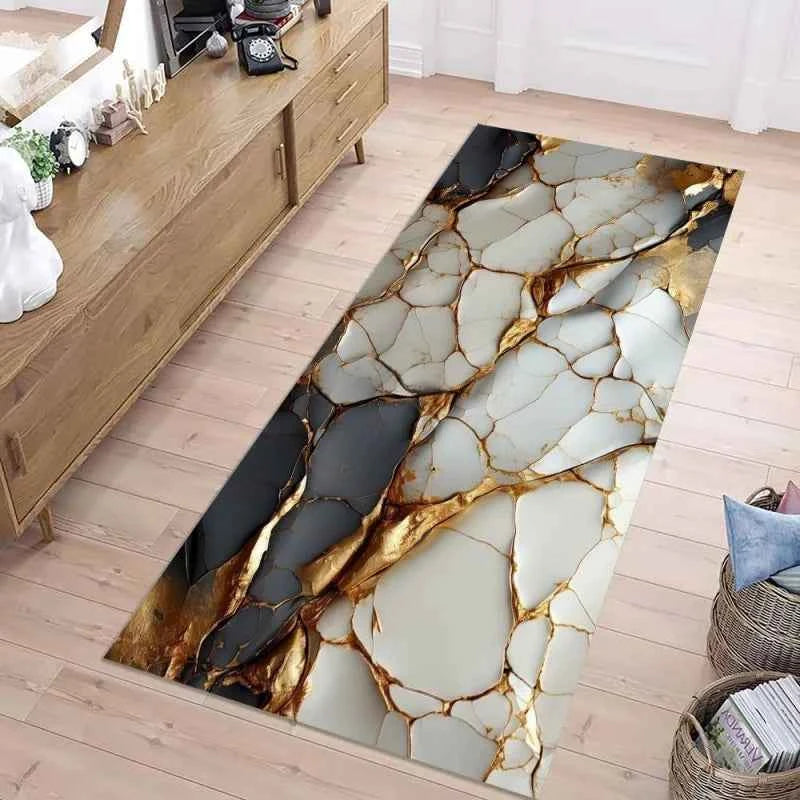 Luxury White Gold Marble Print Runner Rug - Soft & Non-Slip
