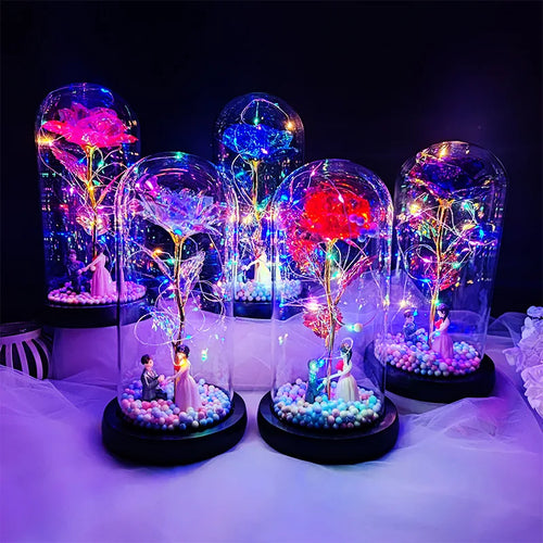 Luminous Eternal Rose - Colorful pink rose under a glass dome with LED lights, perfect for a romantic gift