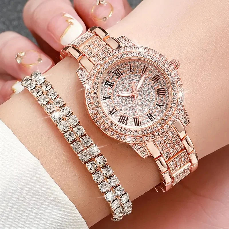 Diamond Roman quartz watch - gold alloy case with full diamond dial and matching double row bracelet