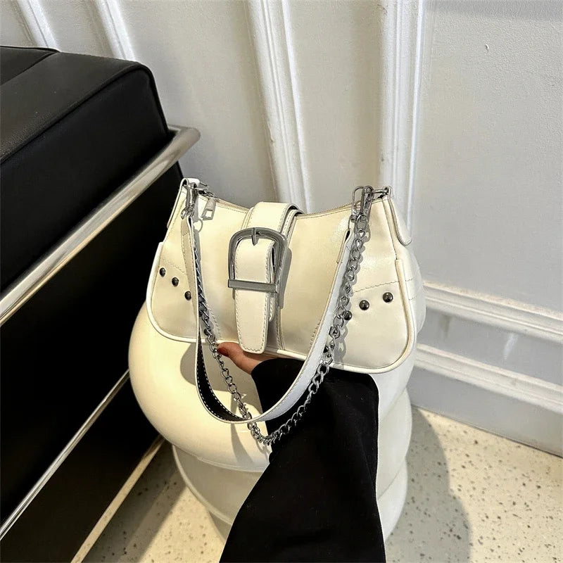 Elegant Vintage Rivet Shoulder Bag - Fashion Chain Accent