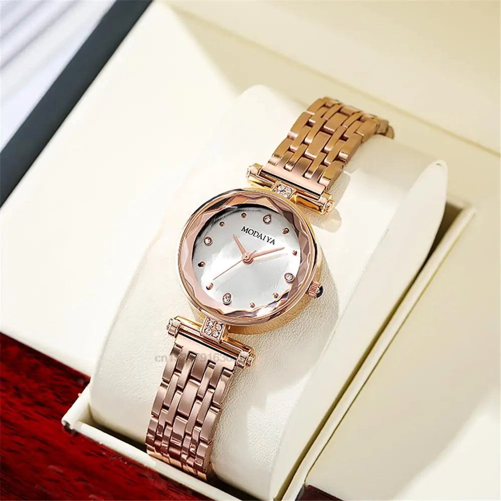 Elegant Ladies Diamond Quartz Watch - Red Alloy & Leather