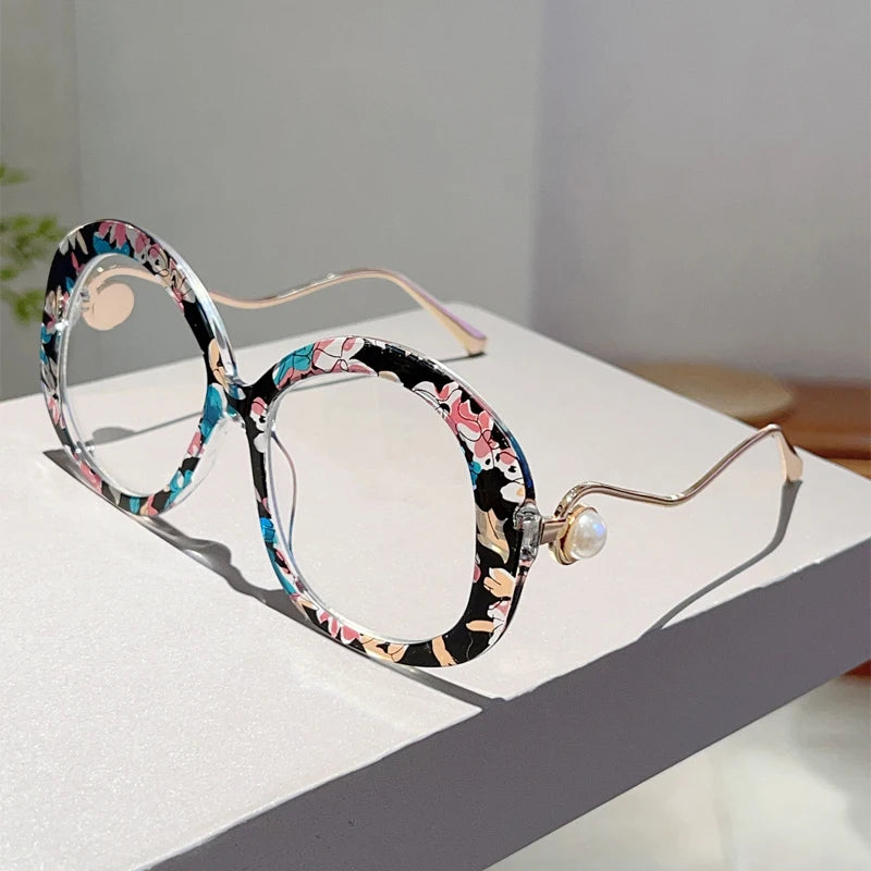 Chic Vintage Round Blue Light Glasses with Pearl Accents