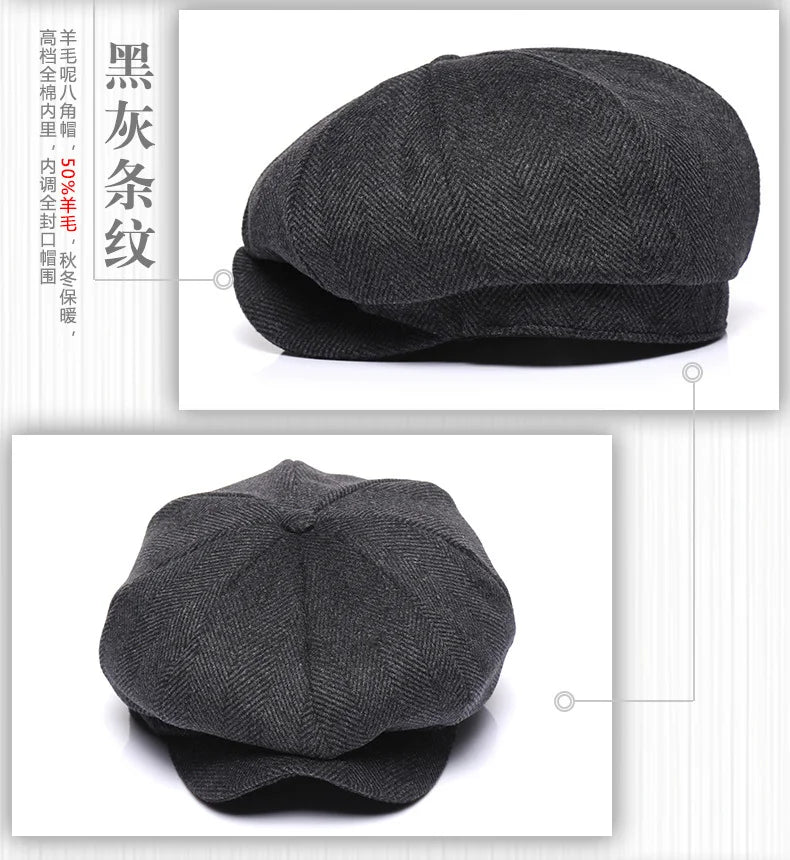 Premium Winter Wool Cap - Thickened Tweed Newsboy Style