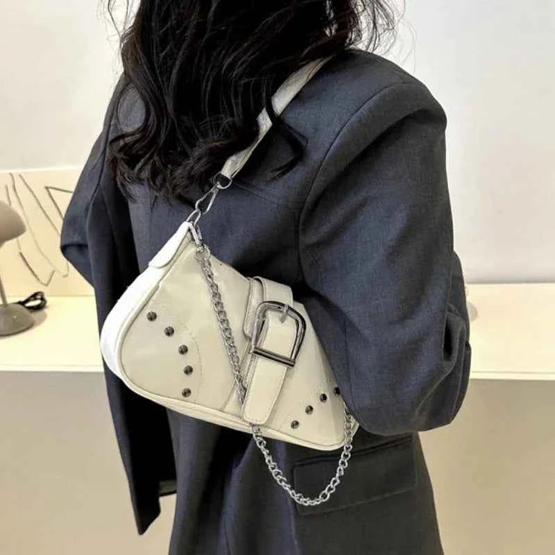 Elegant Vintage Rivet Shoulder Bag - Fashion Chain Accent