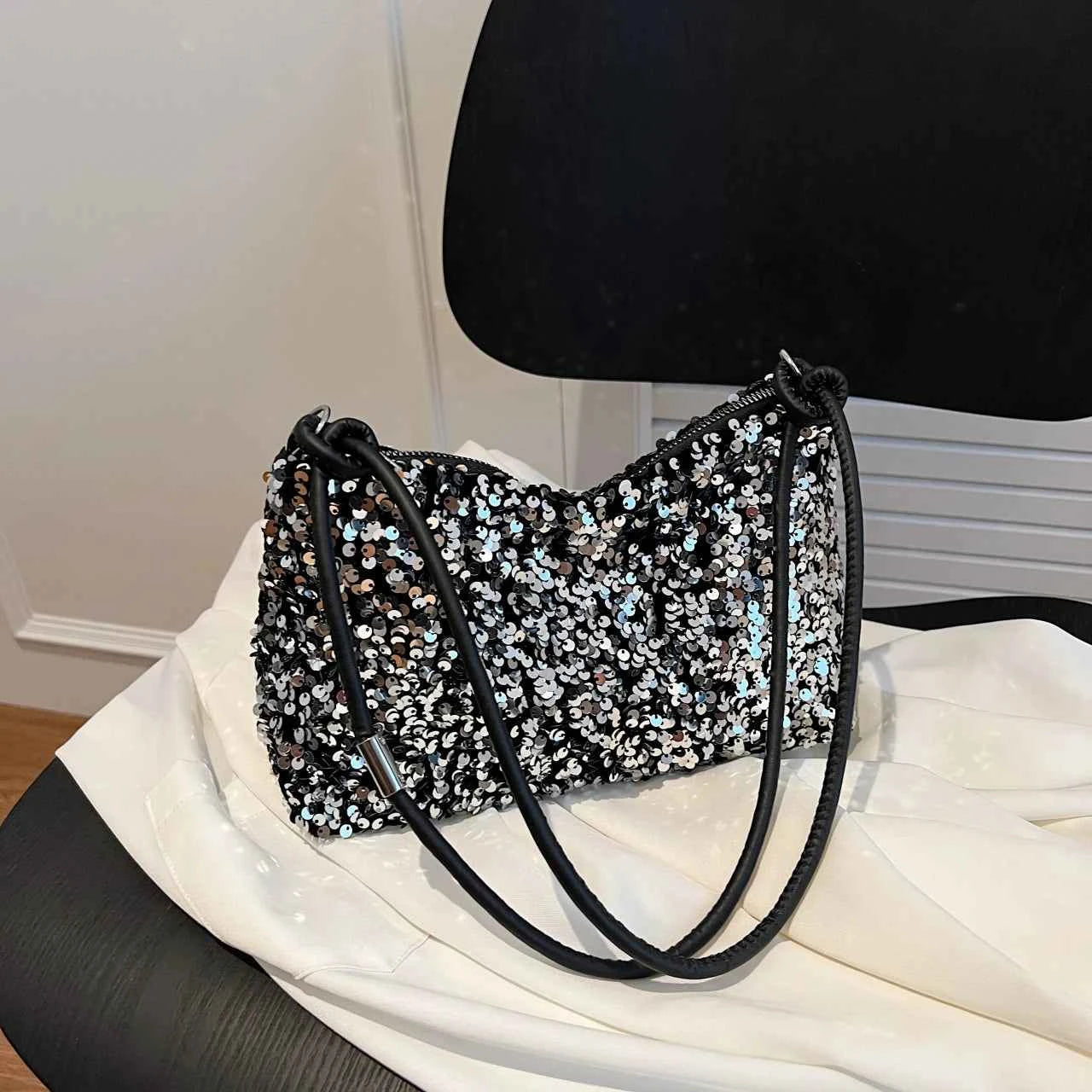 Elegant Sequin Shoulder Bag - Black/Silver Party & Evening