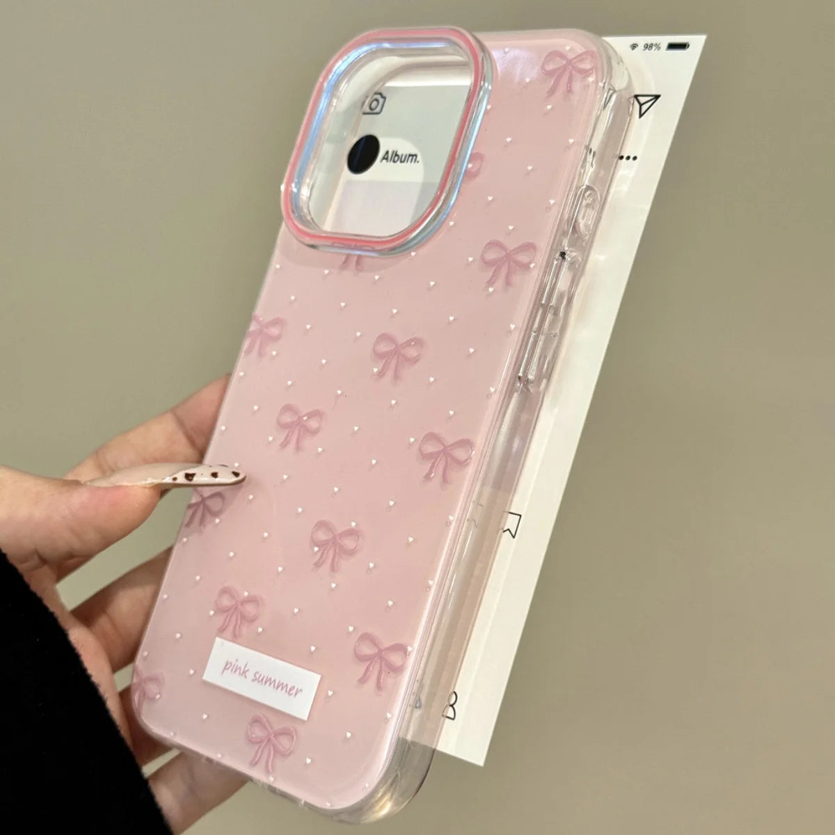 Pink Bow iPhone Case - Glossy jelly cover with wave point design and pink bow for iPhone 11-17 Pro Max