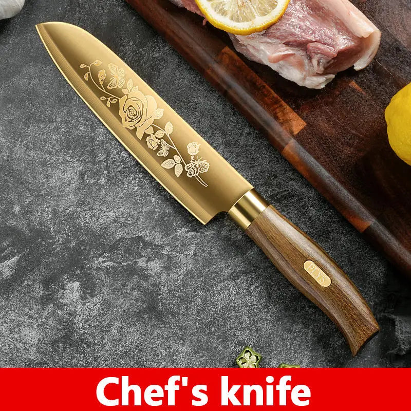 Luxury 4-Piece Chef Knife Set - Golden Rose Pattern Stainless Steel