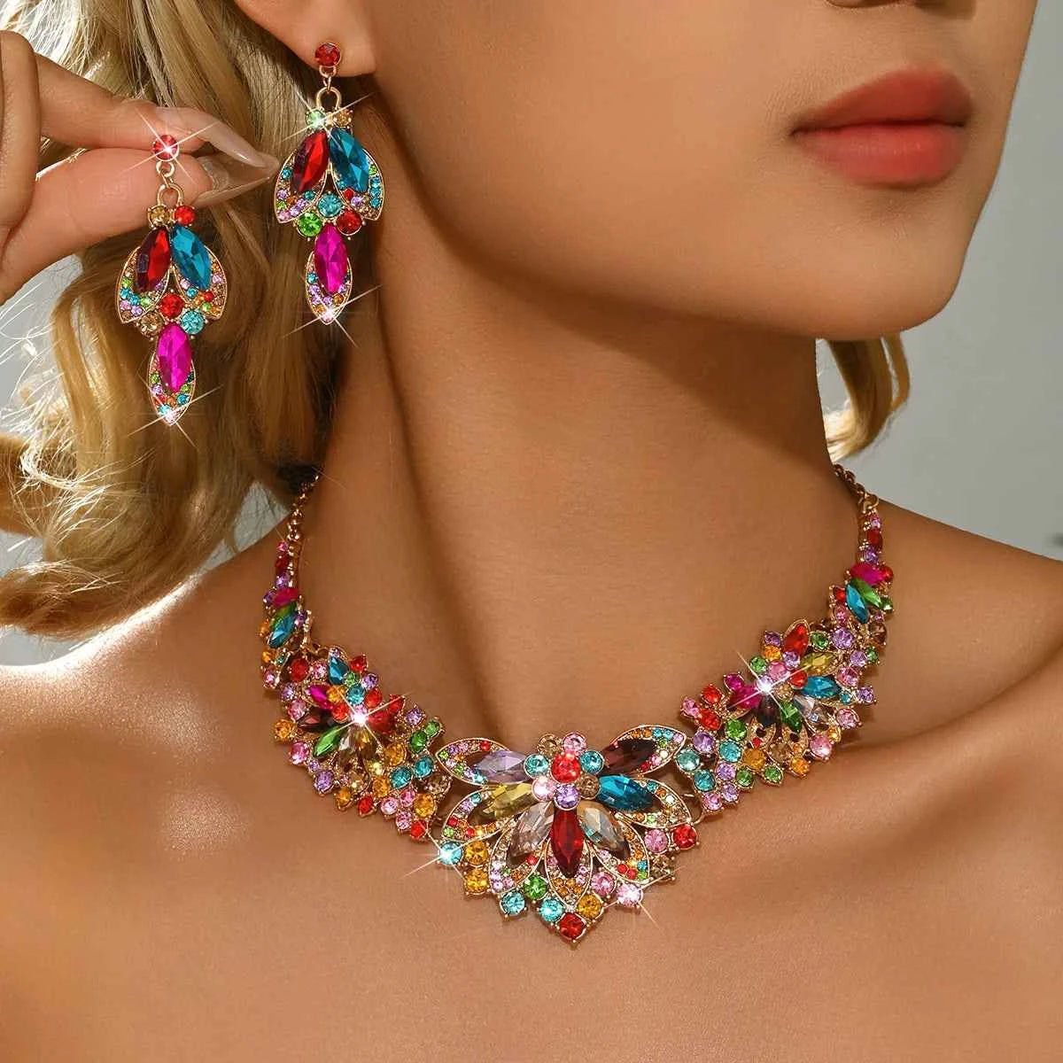 Luxury Purple Crystal Jewelry Set - Gold Rhinestone Necklace & Earrings