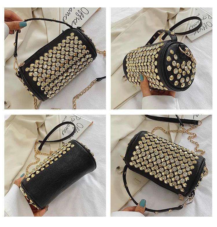 Elegant Cylindrical Shoulder Bag - Luxury Studded Design