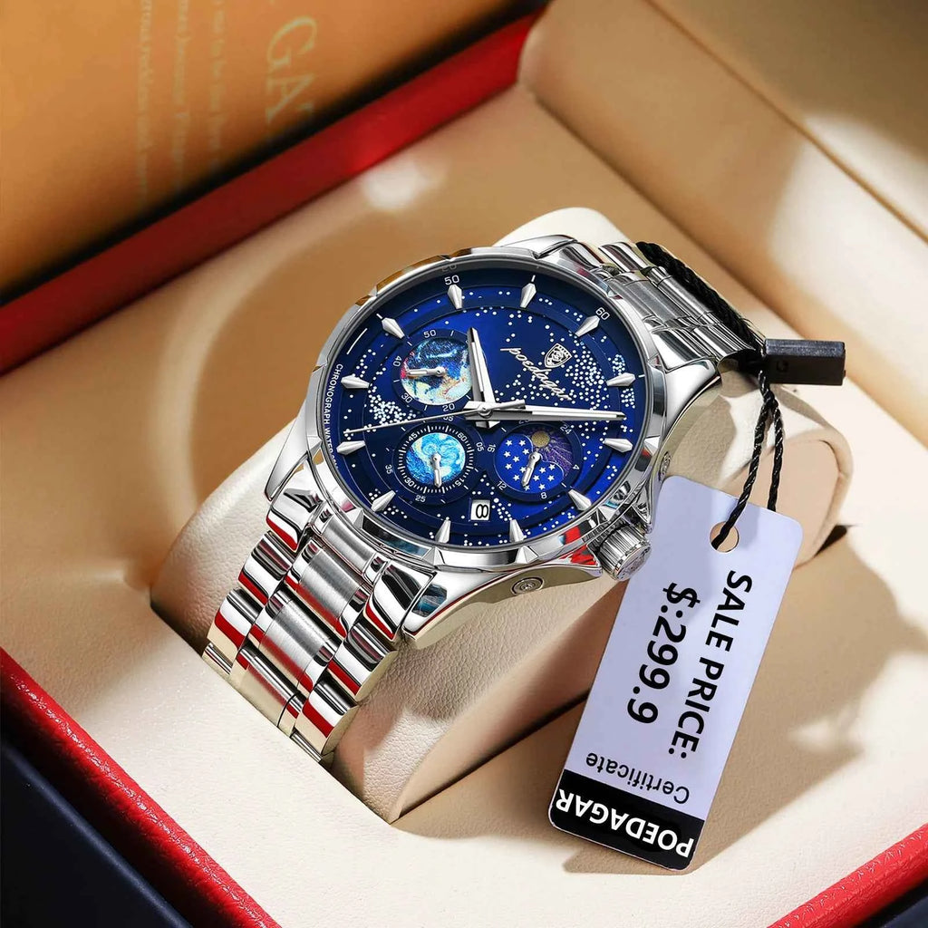 Men's luxury quartz watch with chronograph and luminous hands in silver and black