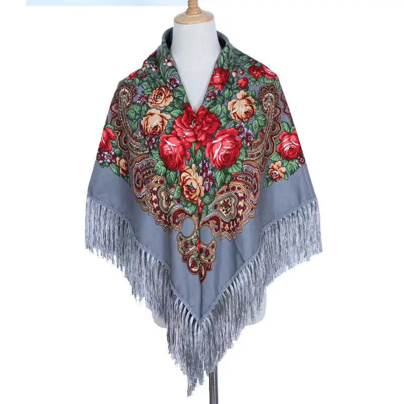 Luxury Floral Russian Scarf - Fringed Square Babushka Shawl