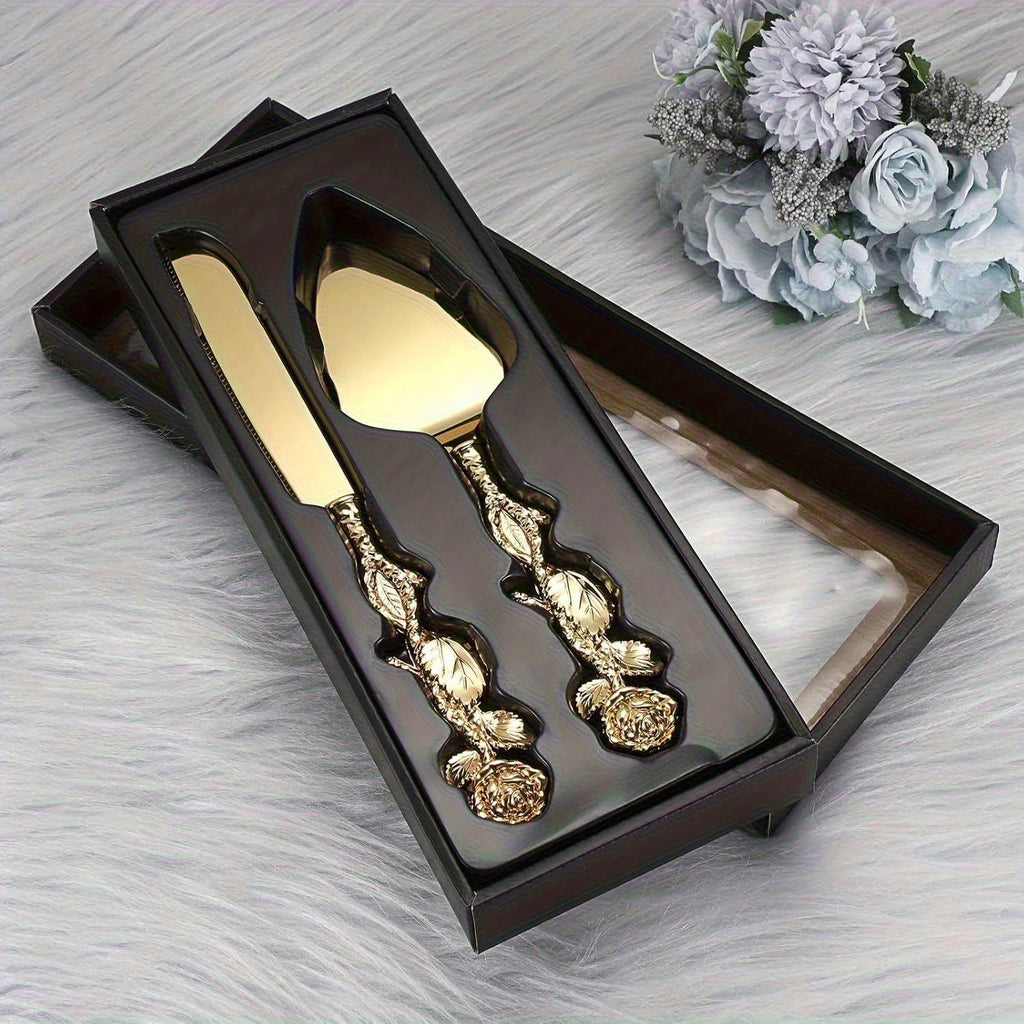 Elegant Rose Handle Luxury Cake Serving Set - 2pcs Golden