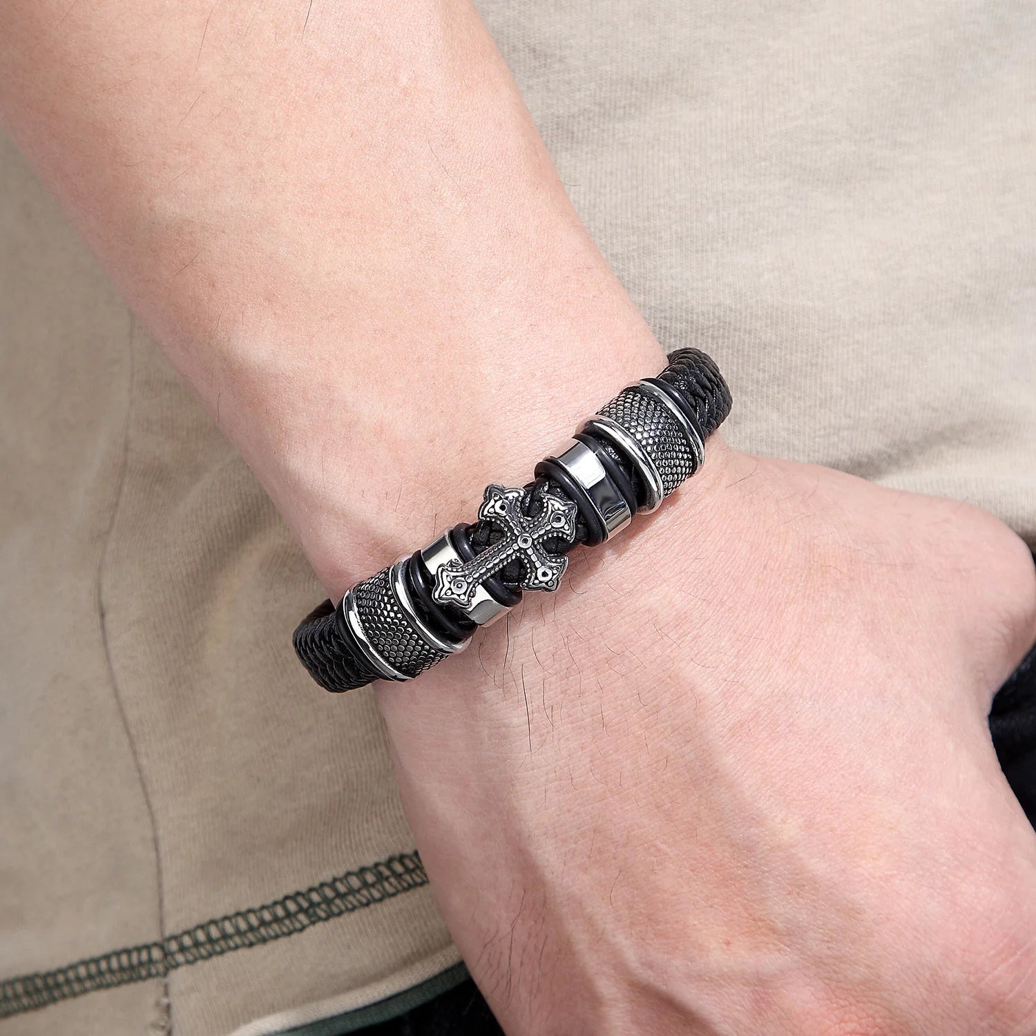 Luxury Men's Titanium Steel Bracelet - Vintage Leather Braided