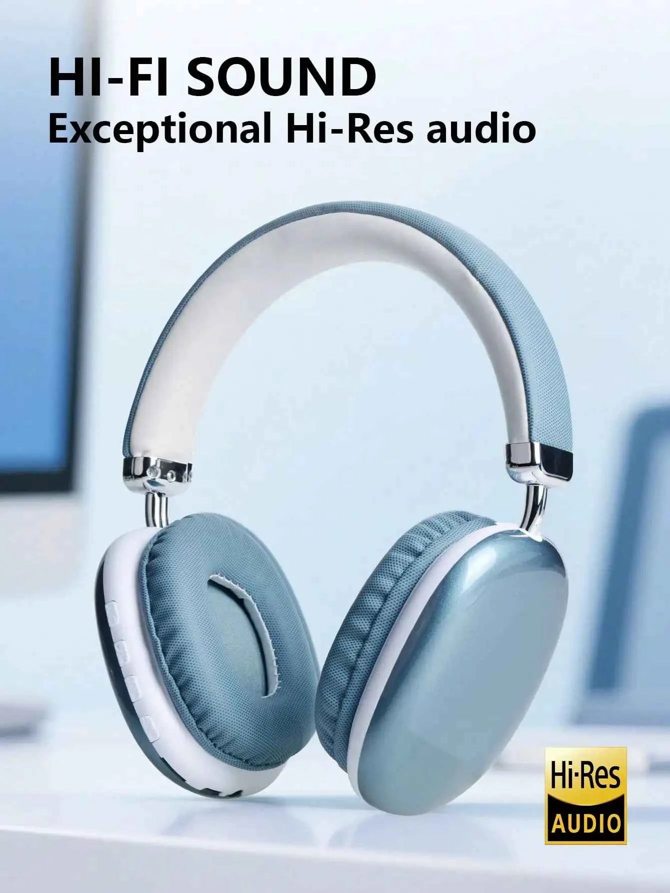 Over ear wireless headphones - blue color with comfortable padding and built-in mic