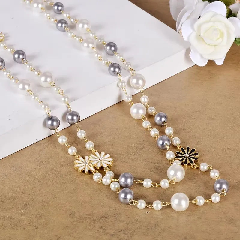 Elegant Long Pearl Necklace - Multilayer Camellia Flower Design