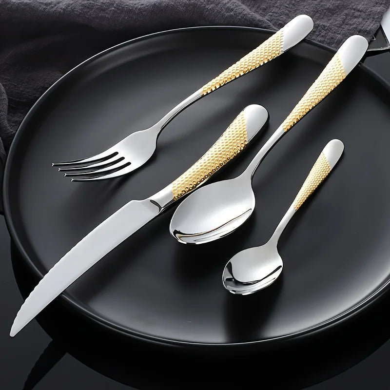 Premium Hammered Flatware Set - Golden Silvery Stainless Steel